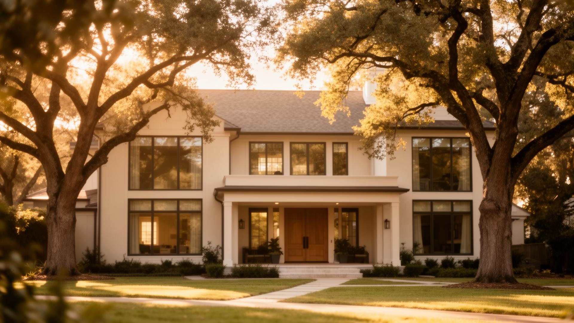 A warm, sunlit home framed by mature trees